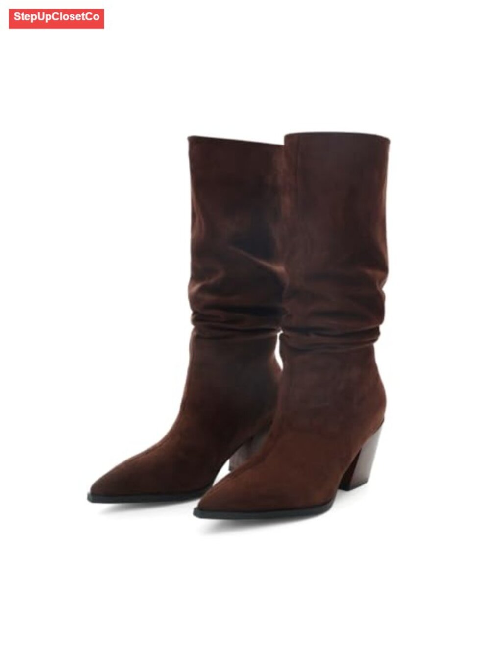 Pointed Toe Slouchy Mid Calf Boots Faux Suede Block Heel